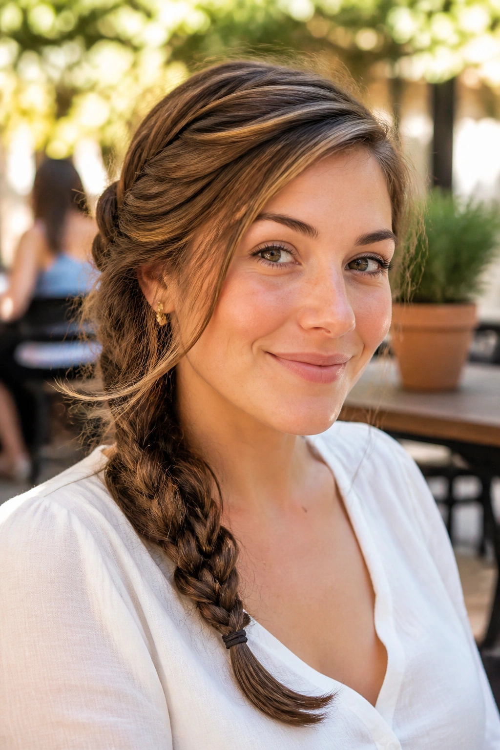 Real woman wearing braided crown or side braid for square faces in sunny outdoor cafe light