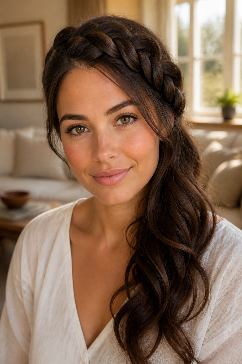 Portrait of a real woman with a crown braid across the top and hair falling to one side