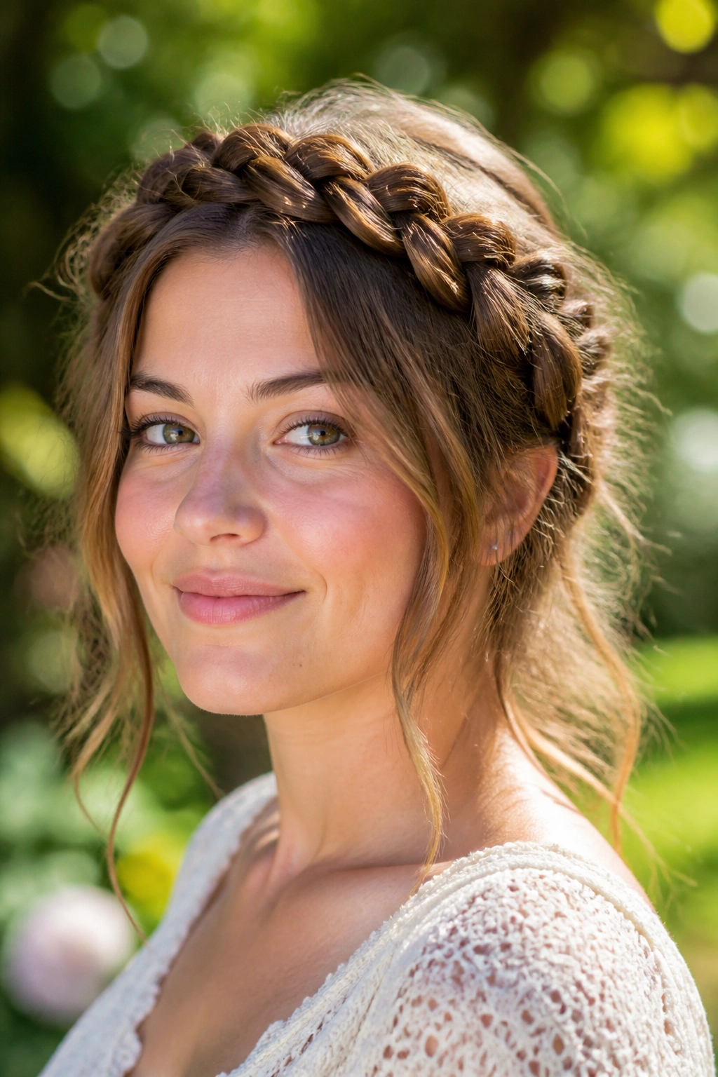 Real woman with a braided crown and soft ends.