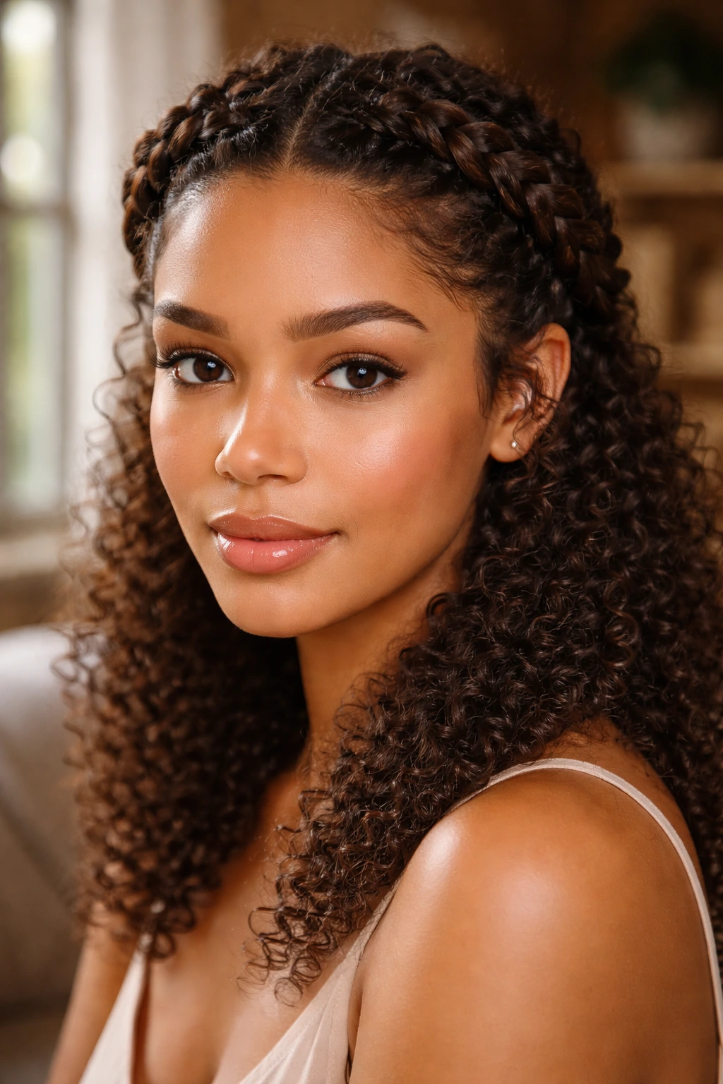 Close-up of a real woman wearing a braided crown with a soft hairline