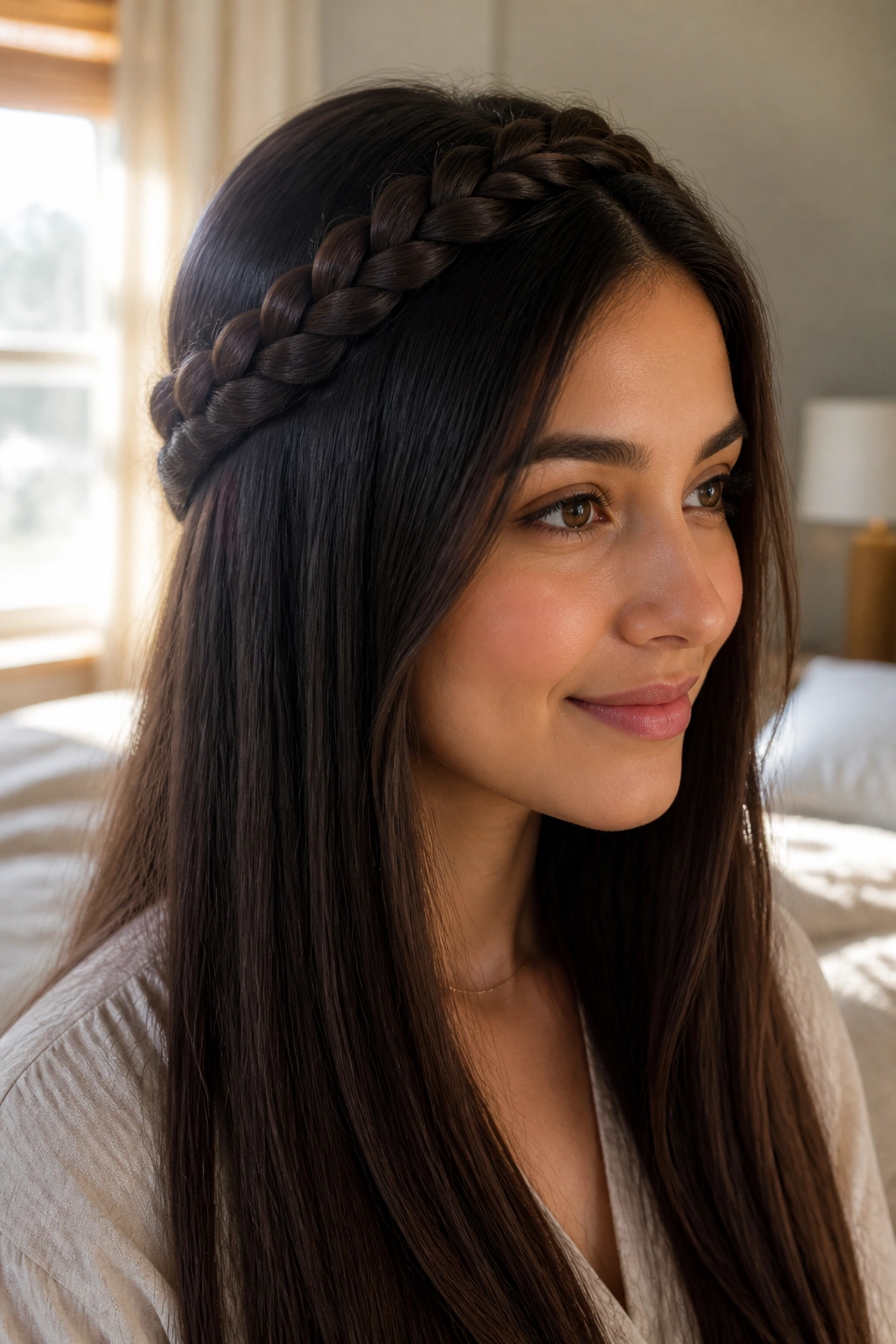 Close-up portrait of a woman with a braided crown on straight hair in a sunlit bedroom
