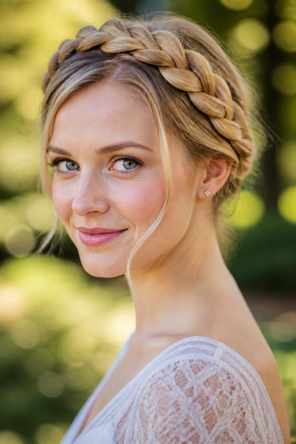 Close-up of a real person with a braided crown in a sunlit park backdrop