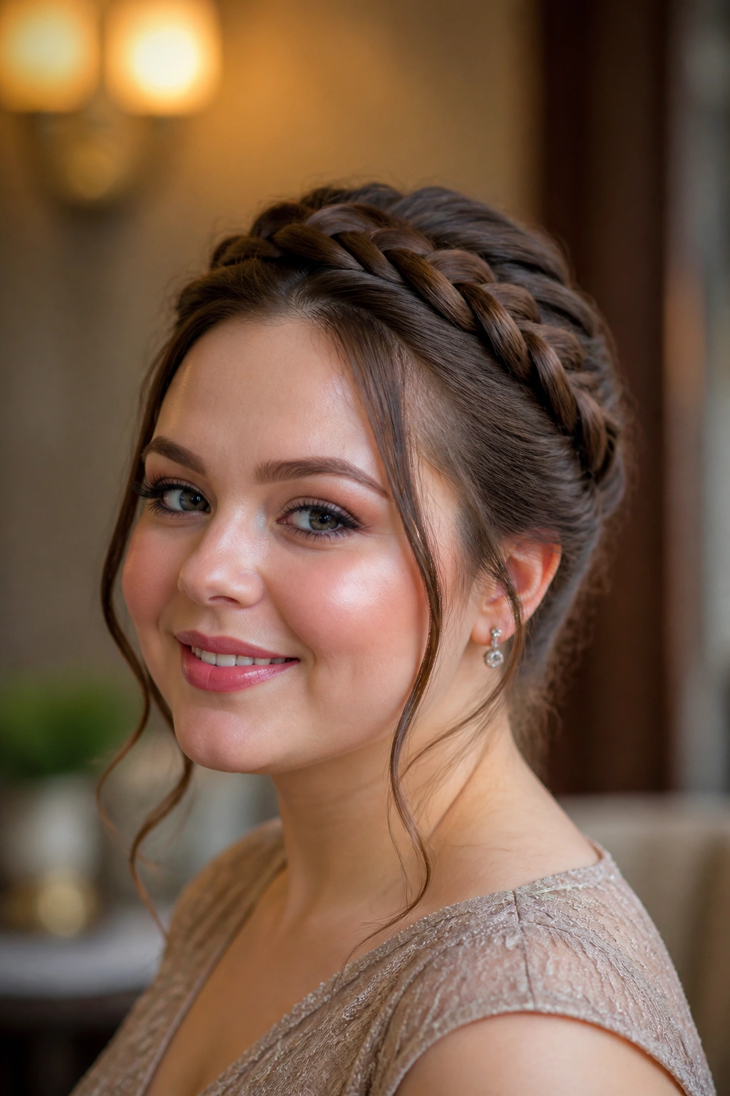 Real person with a narrow braided crown and lifted crown against a softly lit interior