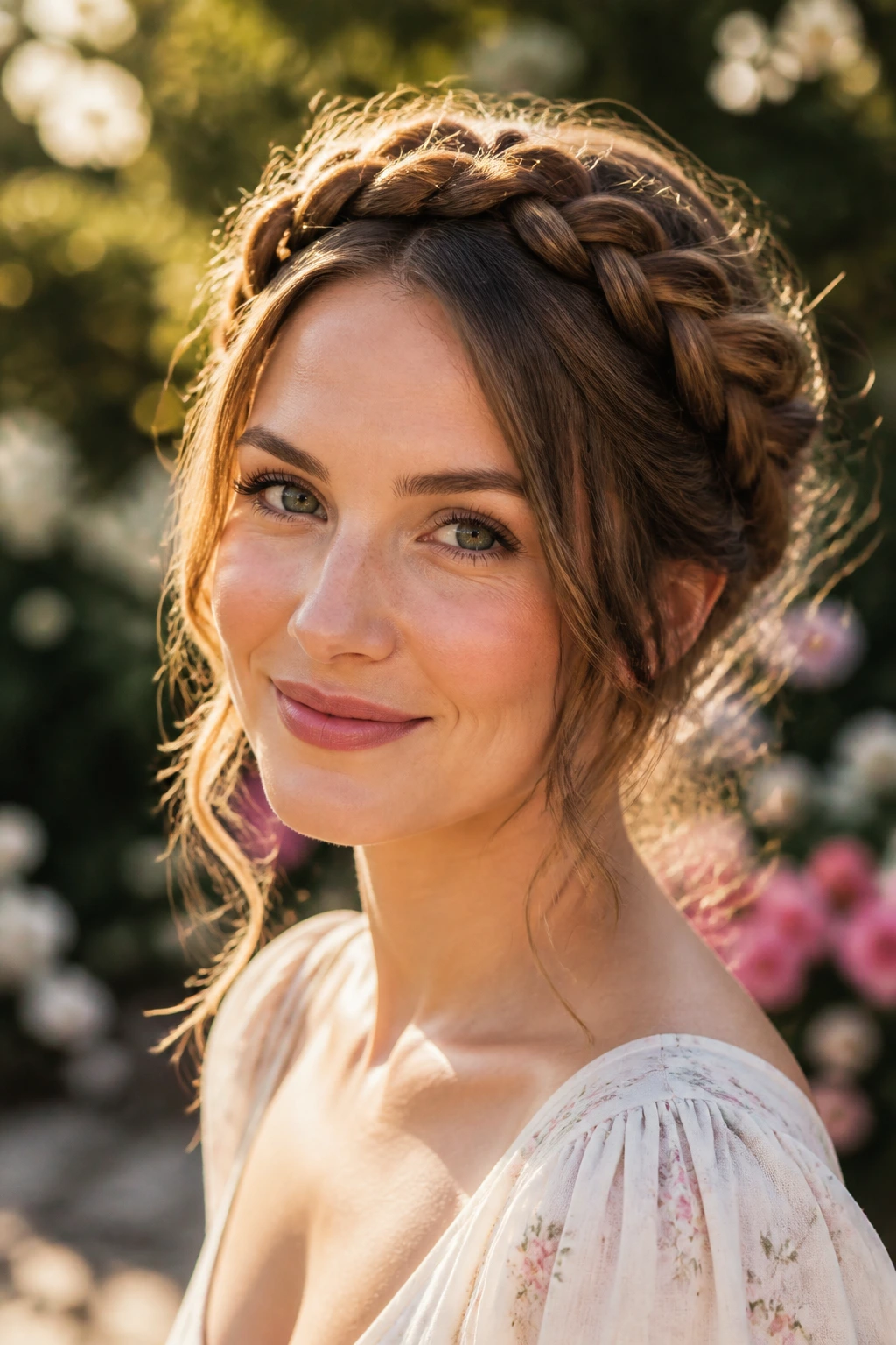 Close-up of a real woman wearing a braided crown and soft tendrils