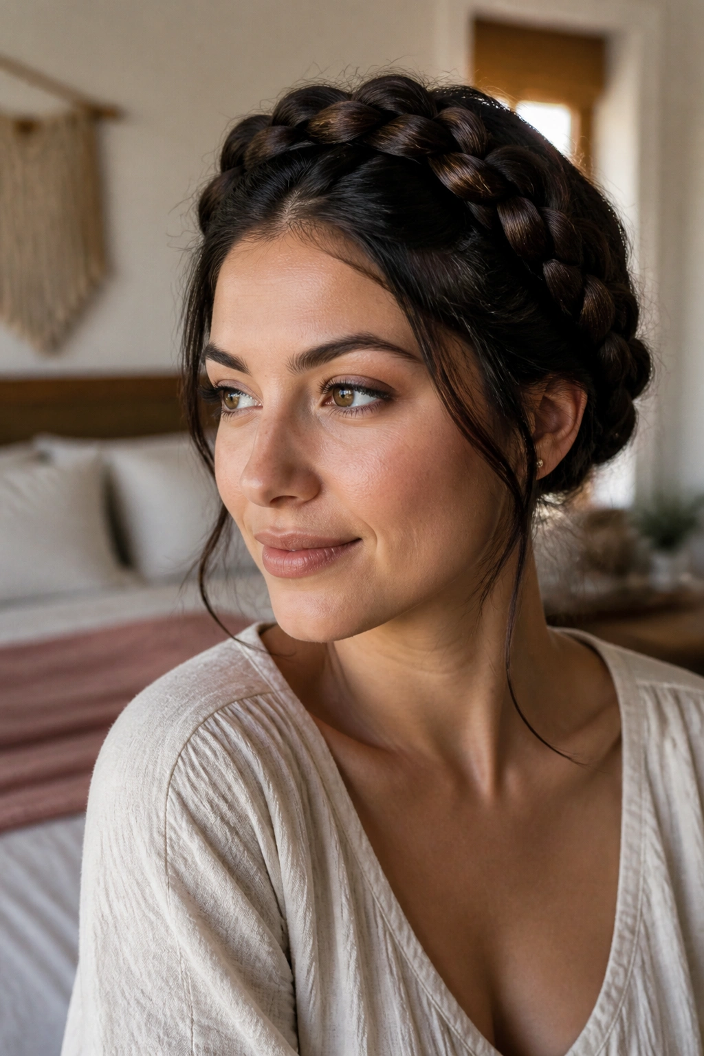 Close-up of a real woman with a crown braid around her head in warm window light