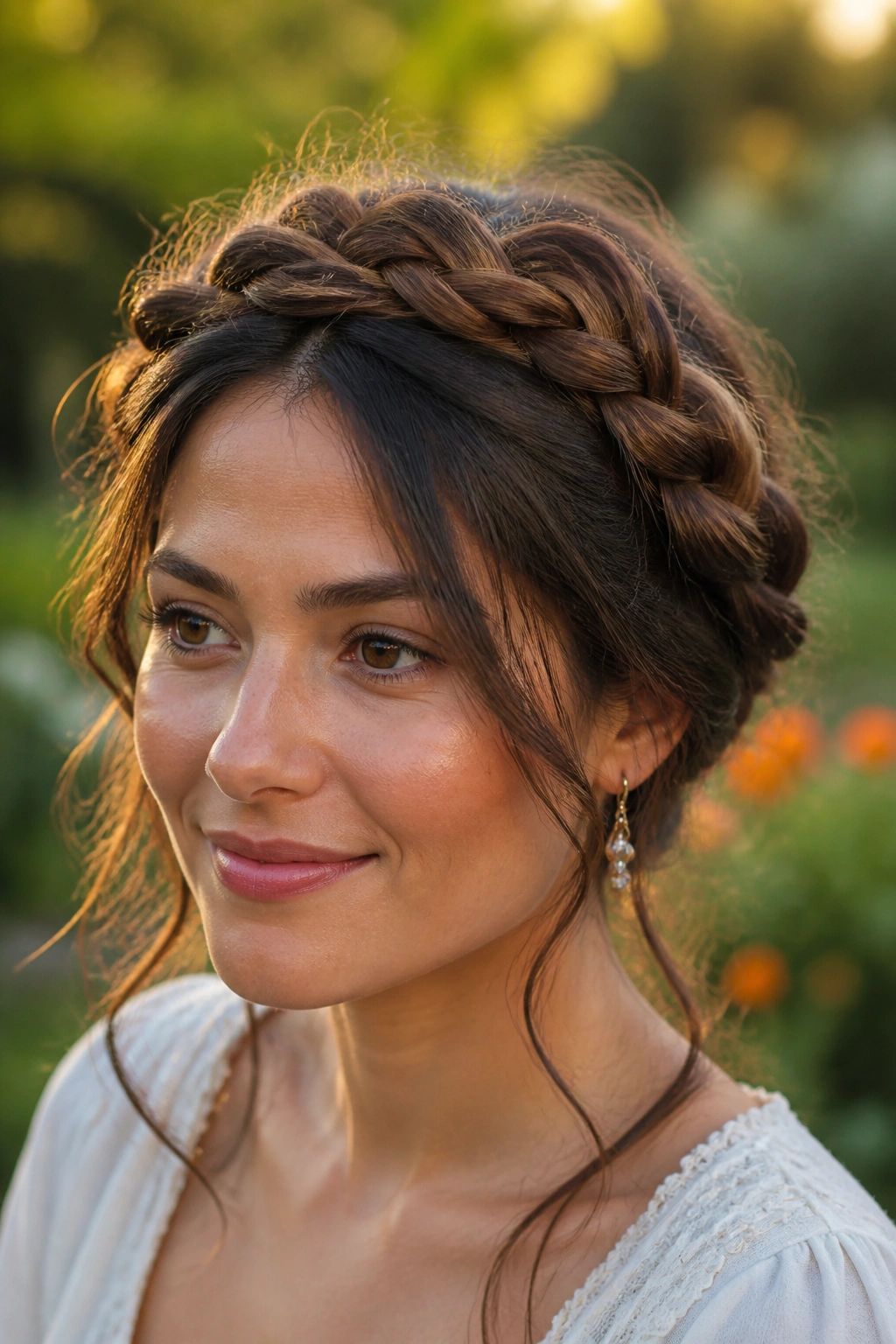 Close-up of a real woman wearing a loose braided crown in soft garden light