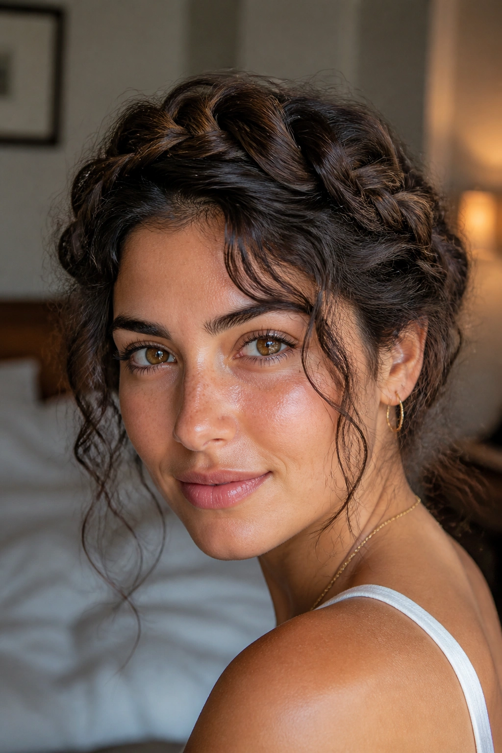 Close-up portrait of a real woman wearing a braided crown circling her head with thick wavy hair