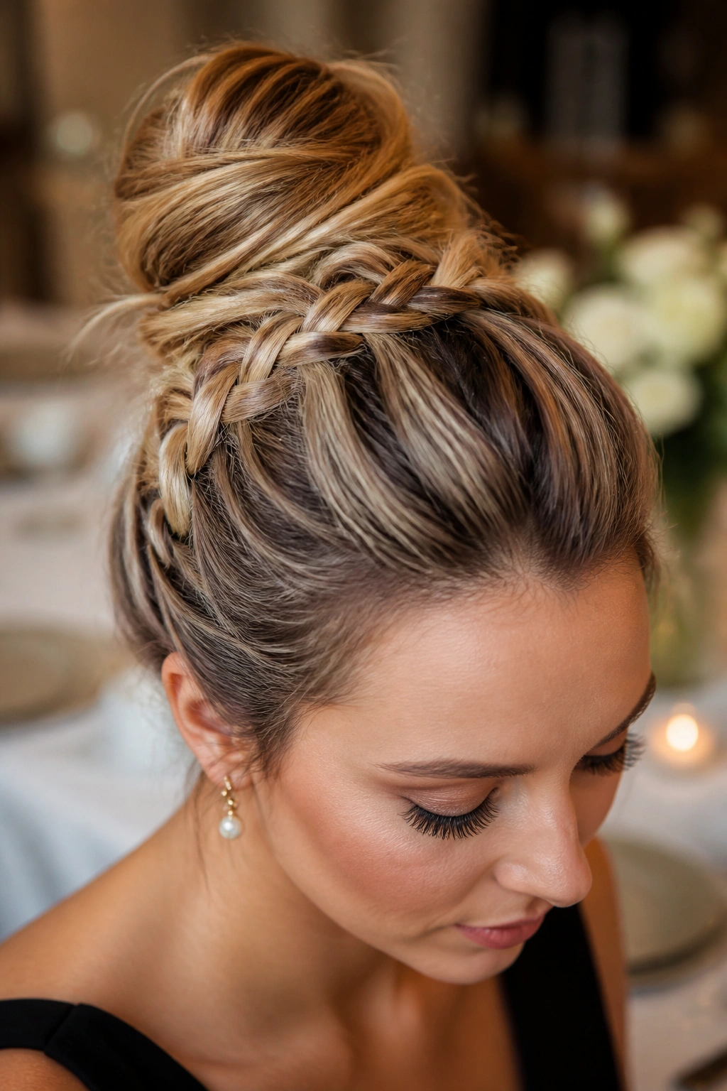 Close-up portrait of a real woman with braided crown leading to top knot