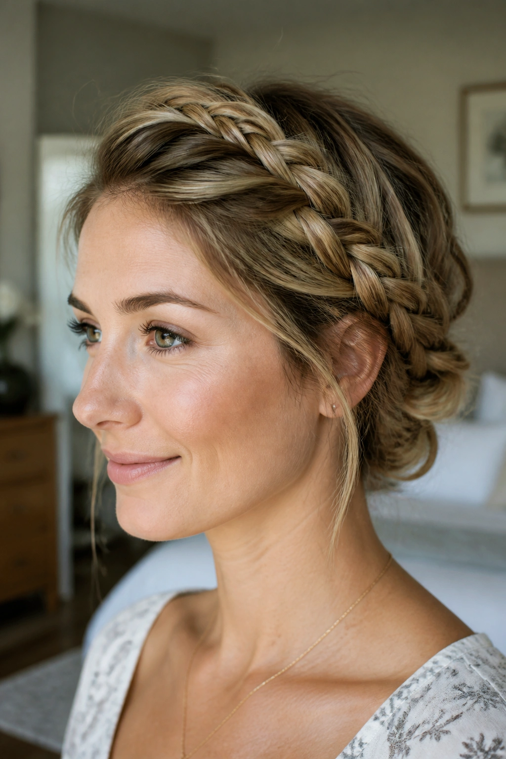 Portrait of a woman with a braided crown of hair around the head and tucked ends at the nape.