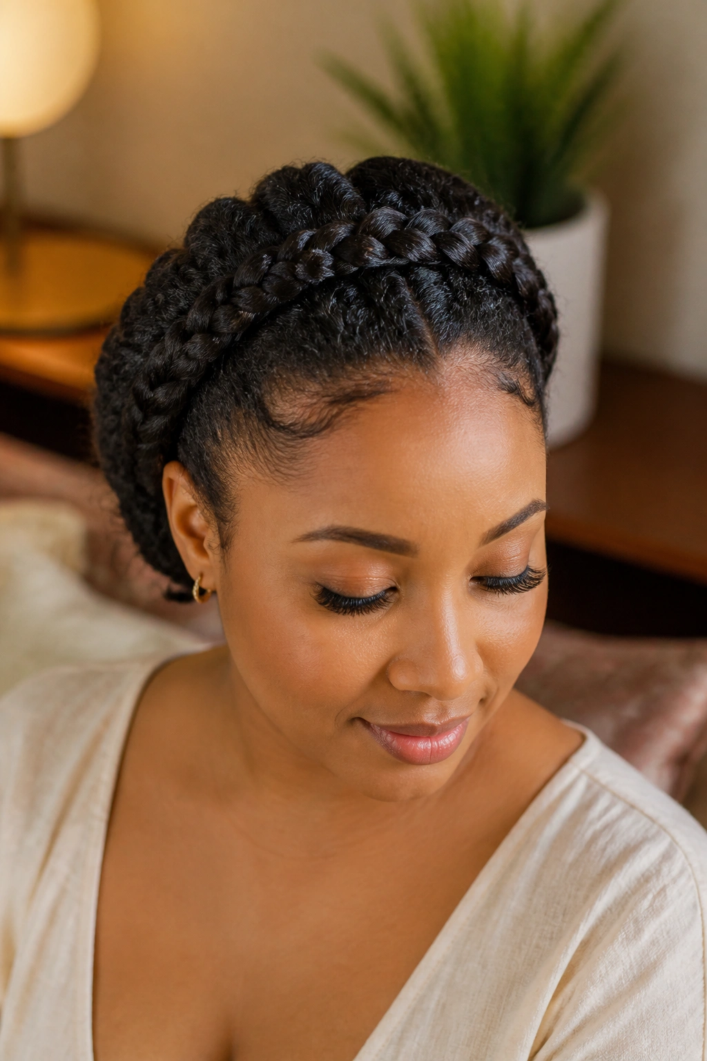 Close-up of a real person with a braided crown updo.