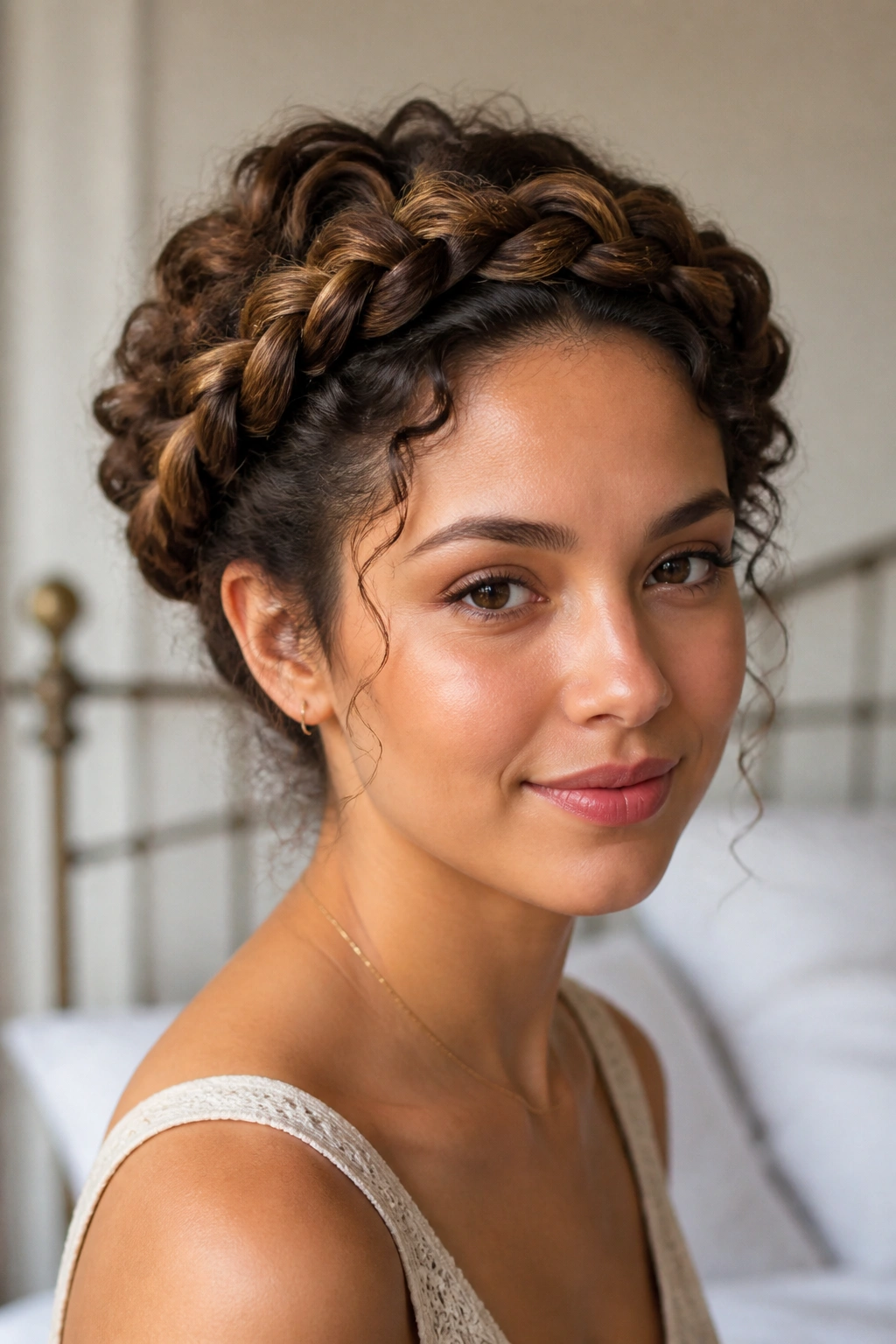 Close-up of a real woman with braided crown updo halo braid
