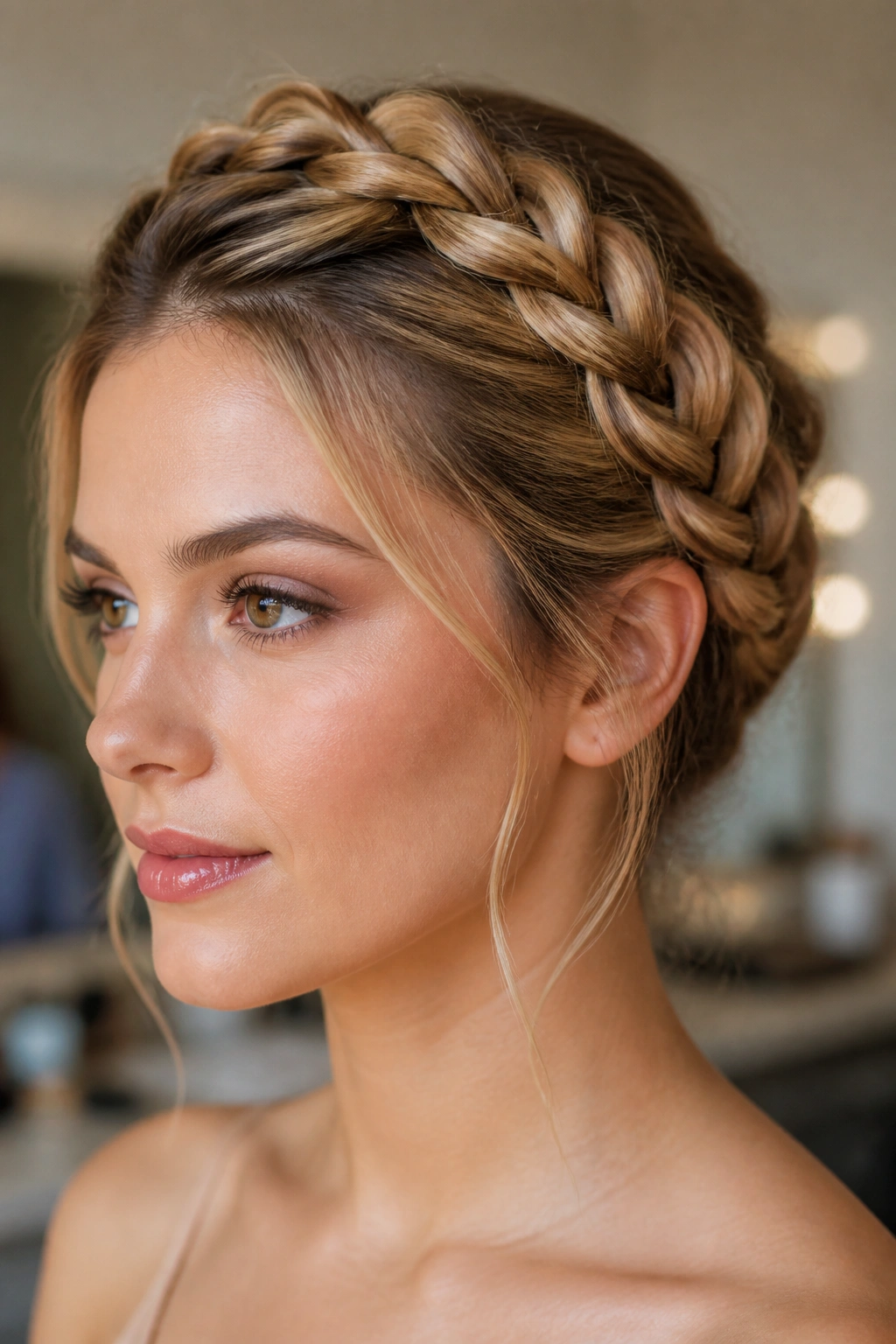 Real woman with braided crown updo under soft lighting