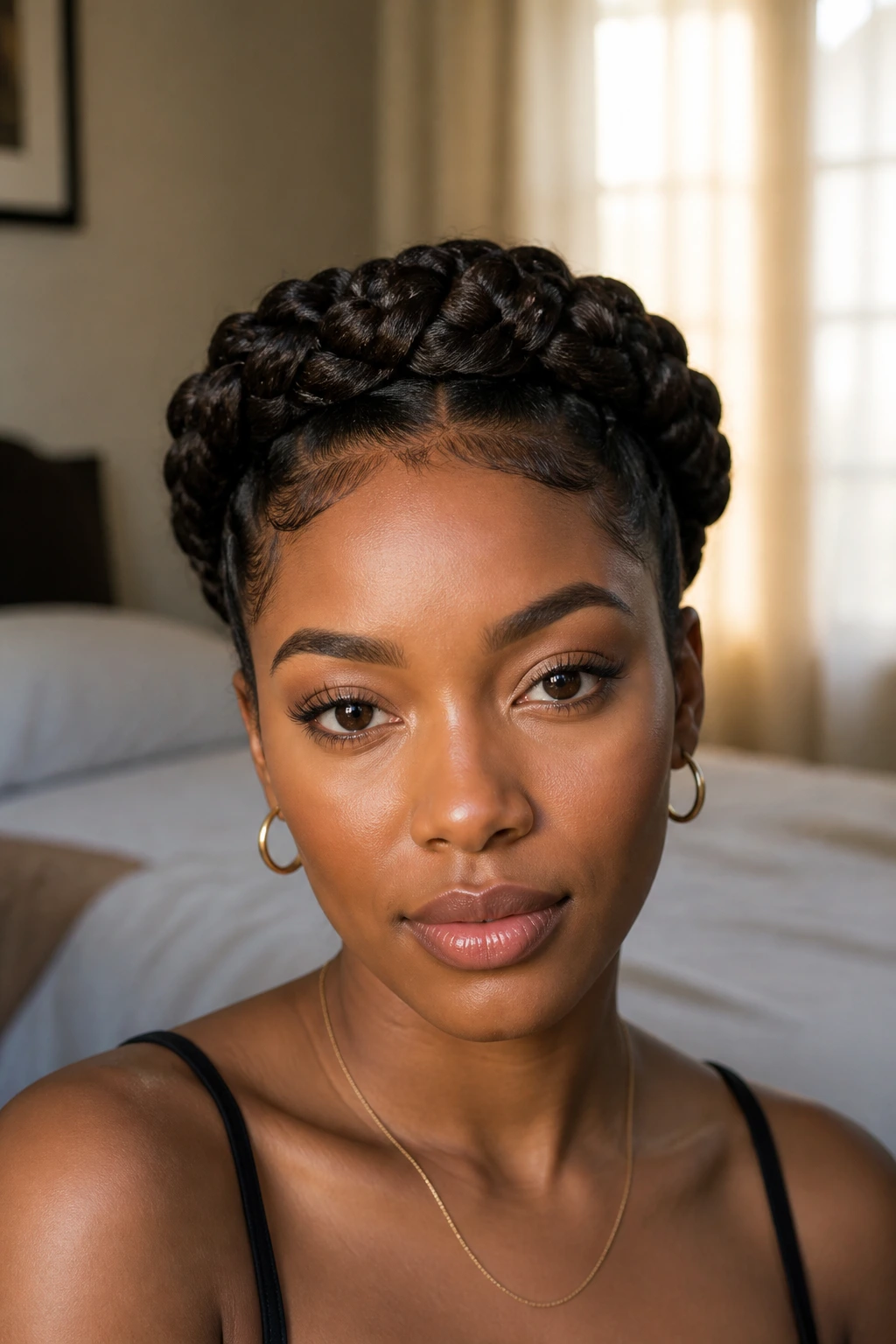Braided Crown Updo close-up on real woman with halo braids and warm window light