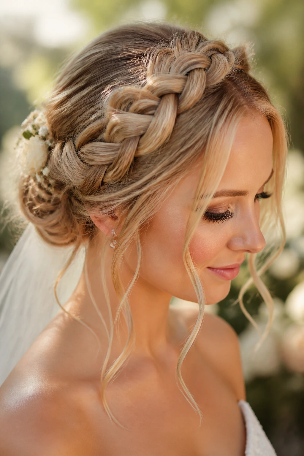 Close-up of a bride's braided crown updo with soft tendrils in a garden setting.