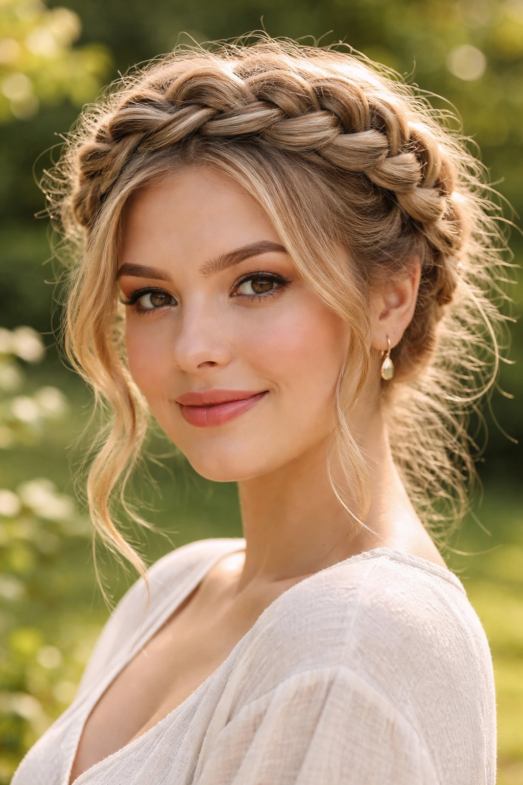 Close-up of real woman with loose braided crown around the head
