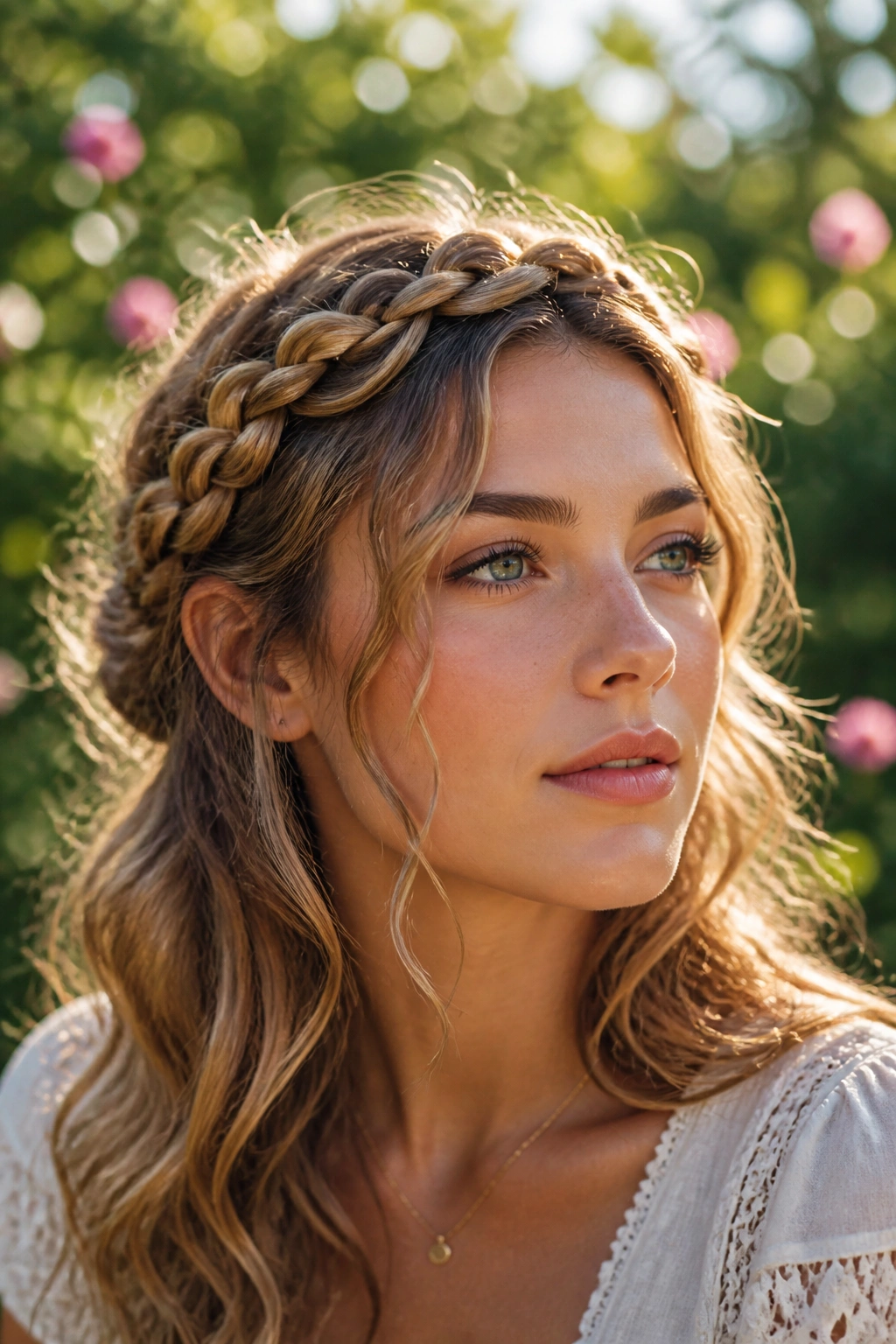 Close-up of a real woman wearing a loose braided crown with soft waves
