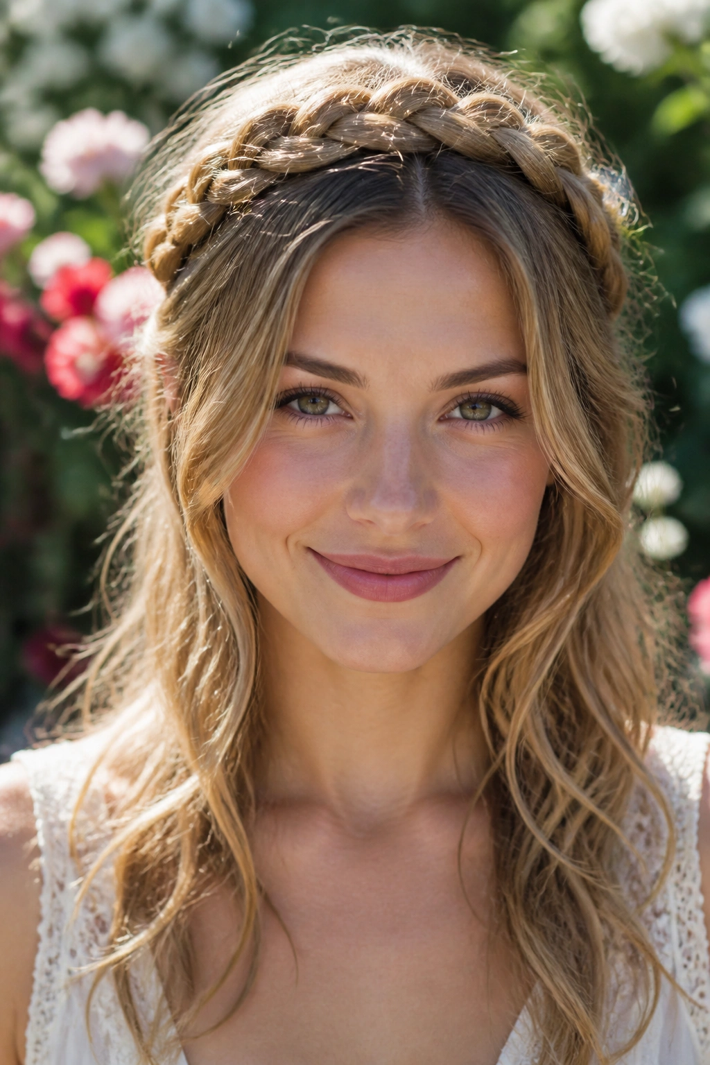 Real woman with braided crown and loose waves in sunlight garden