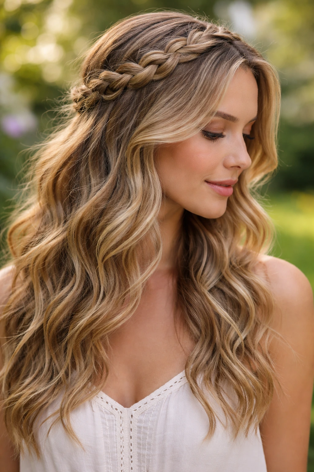 Real woman with braided crown and wavy hair