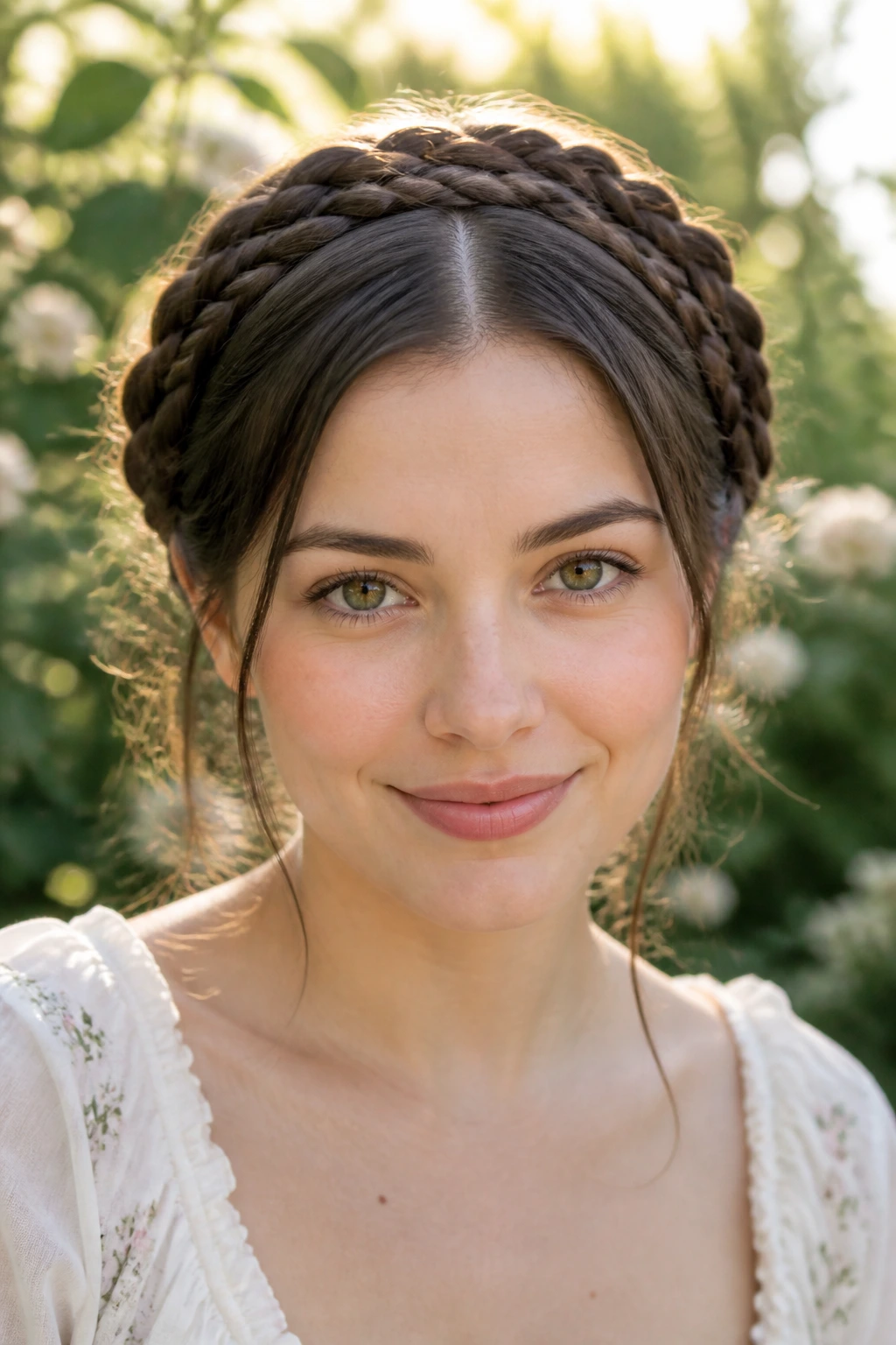 Real woman wearing braided crowns framing the head