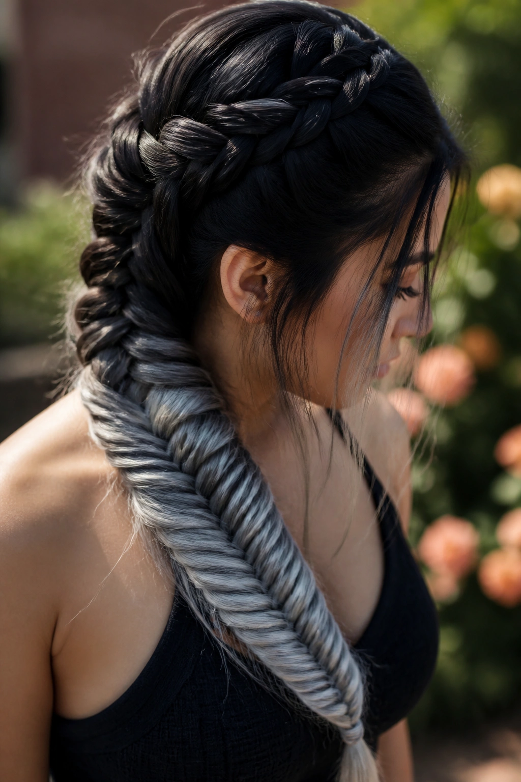 Close-up of a real person with braided dimension ombre showing braided strands