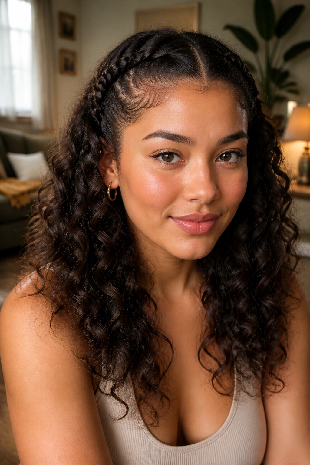 Close-up of a real woman with two slim temple braids and loose curls