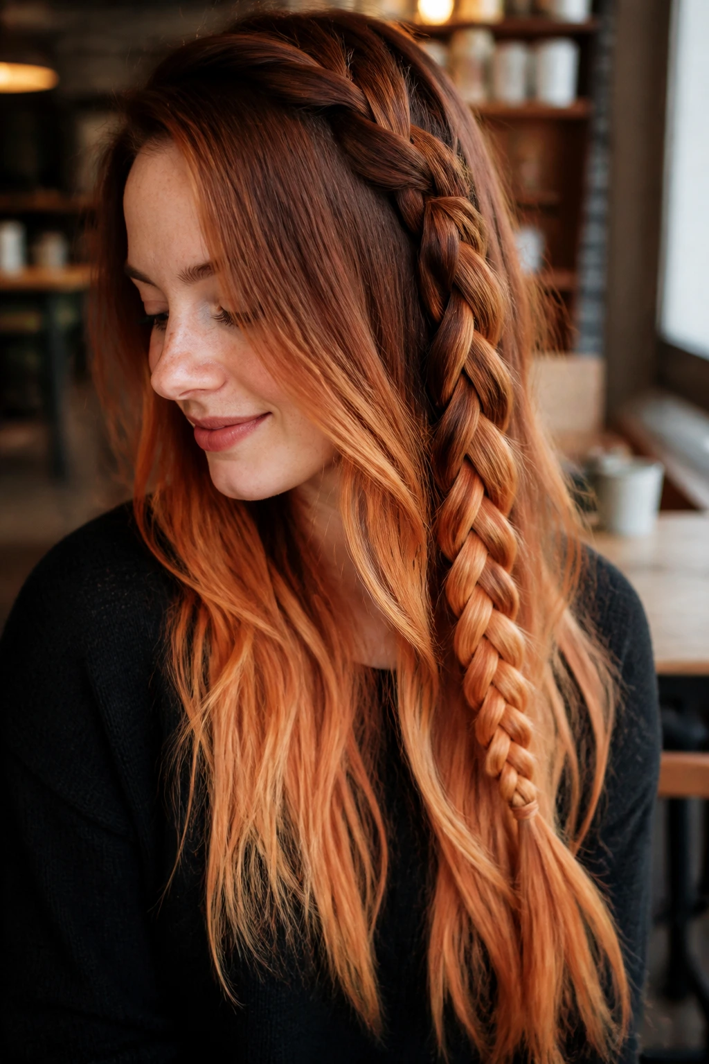 Close-up portrait of a real woman with braided ginger ombre showing gradient in the braid