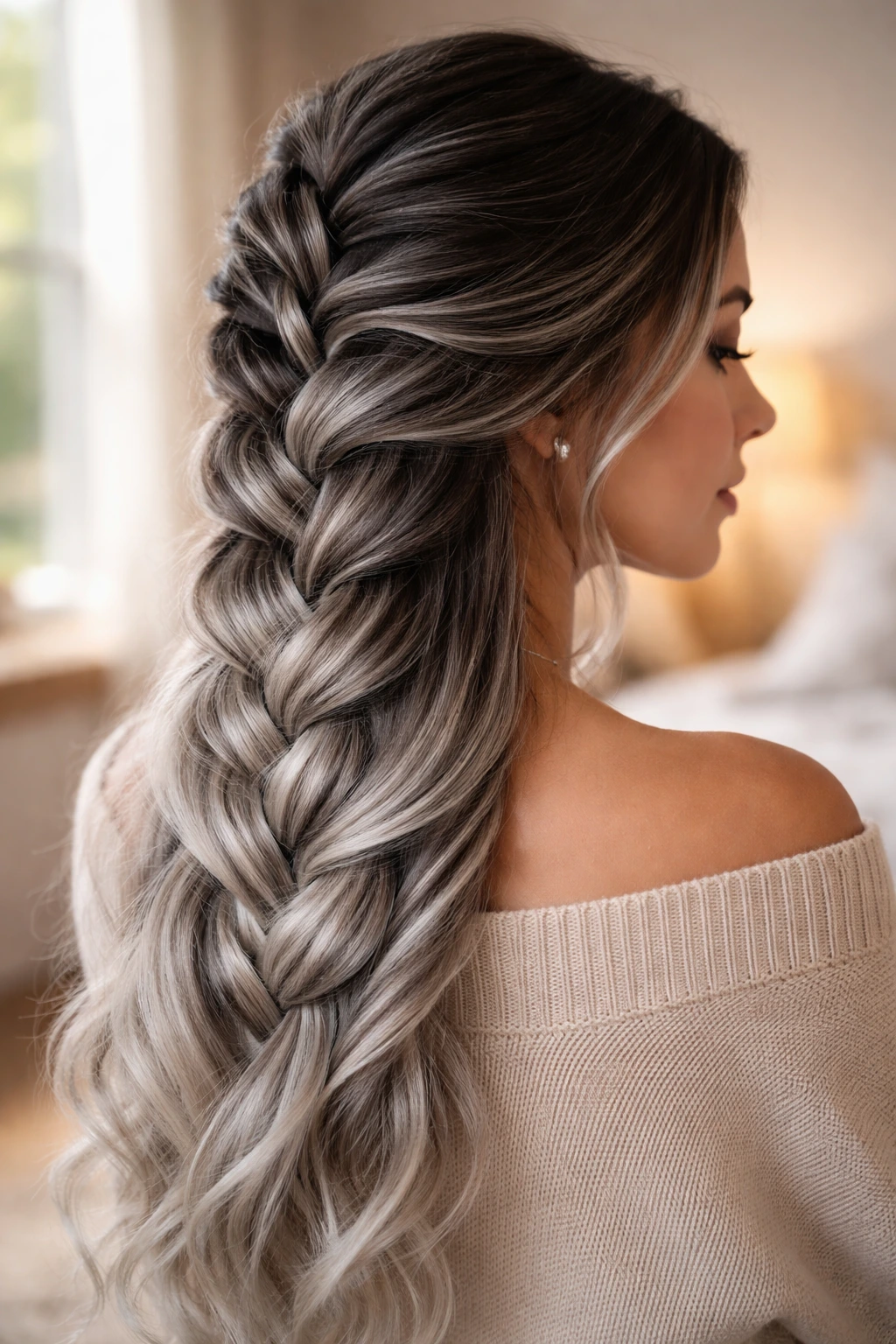 Close-up portrait of a real woman with braided gray ombre hair, dark roots to silver ends