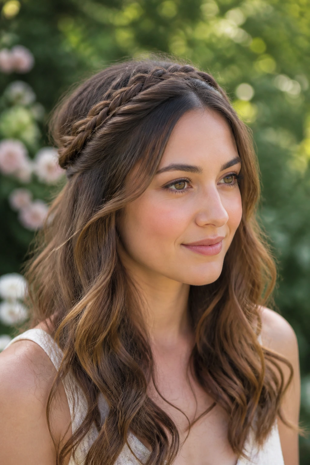 Close-up of a woman with a slim braided crown and loose waves