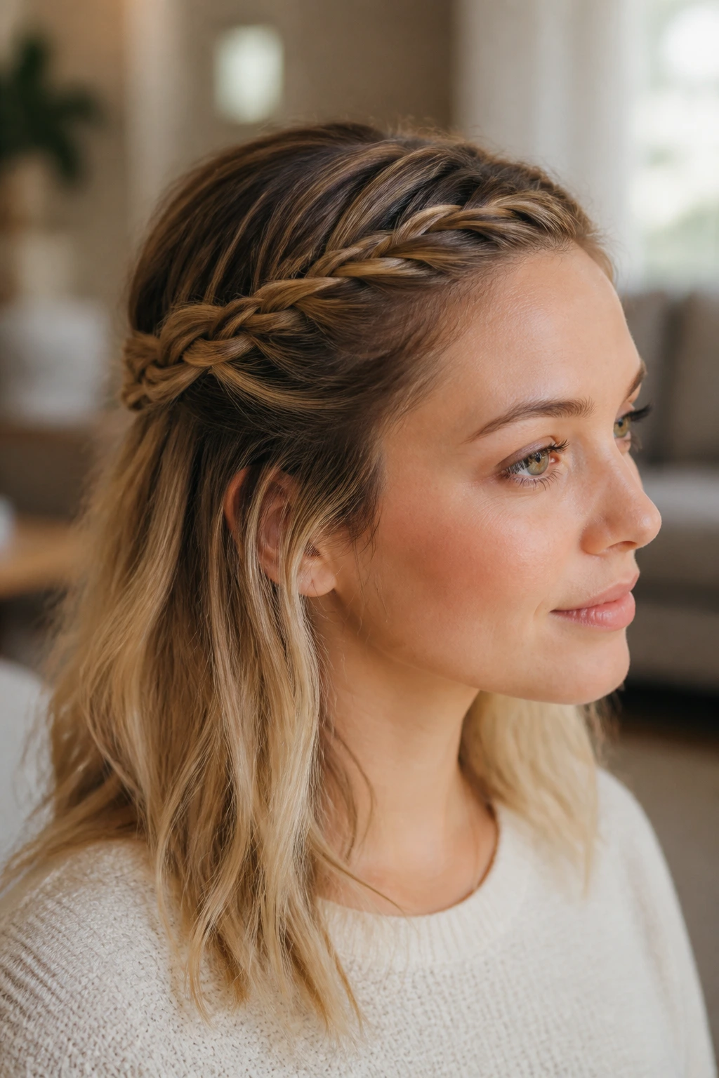 Close-up of a halo braid accent framing the top half of the hair