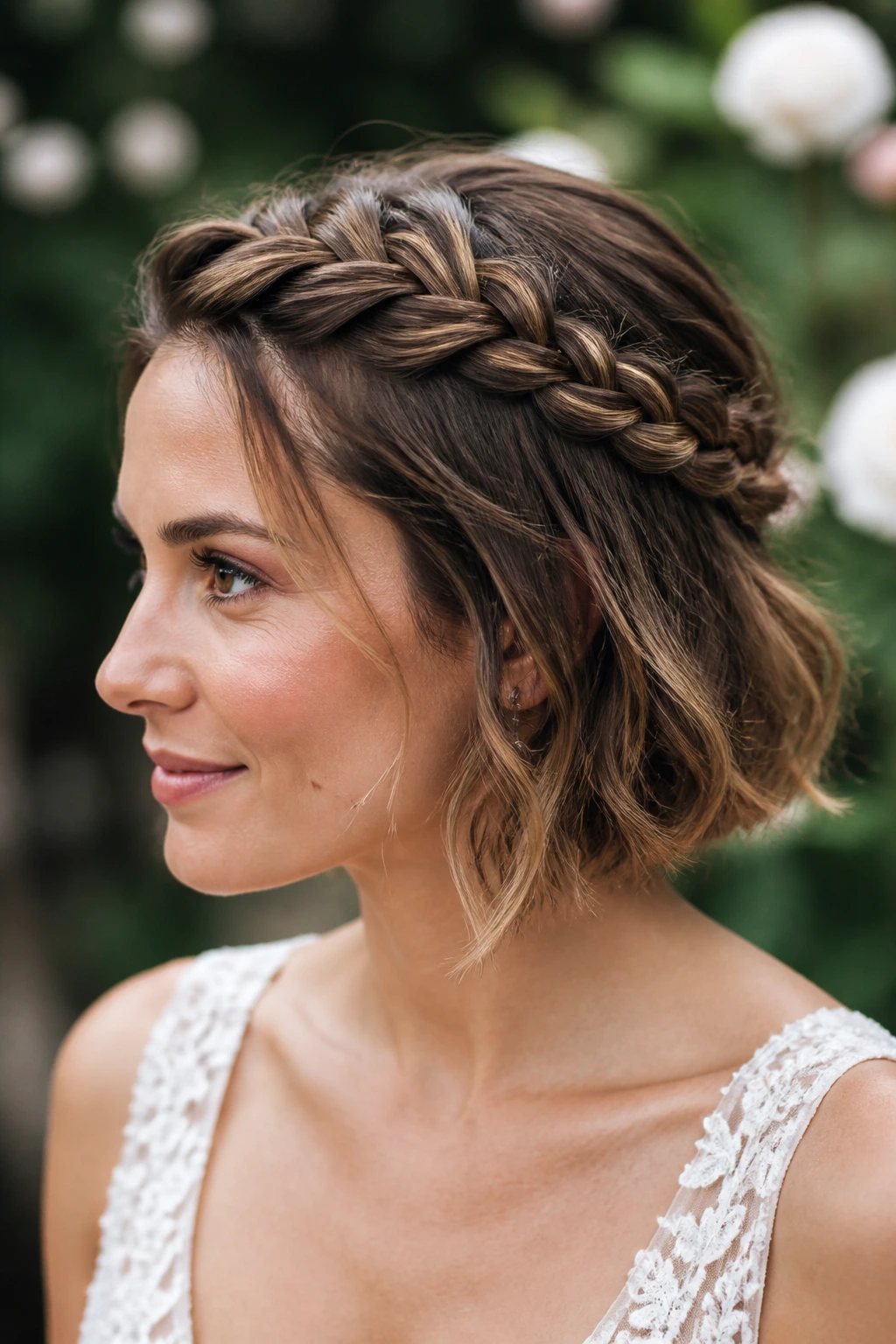Close-up of a real person with a braided halo across a short lob