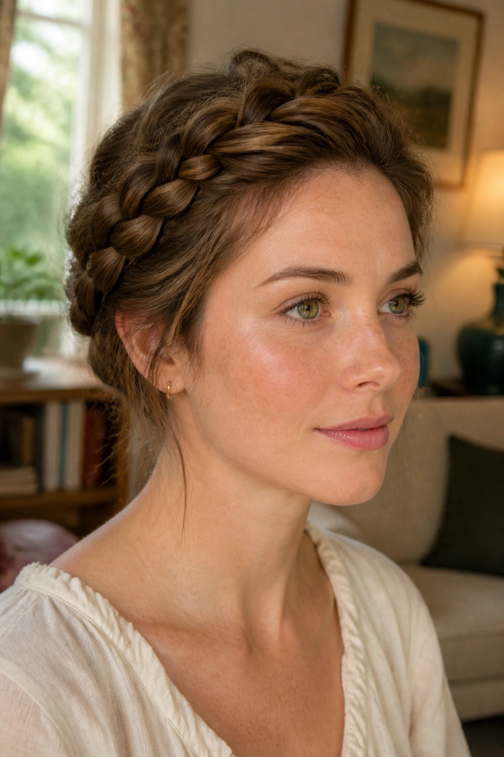 Close-up of a woman wearing a braided halo with soft crown height