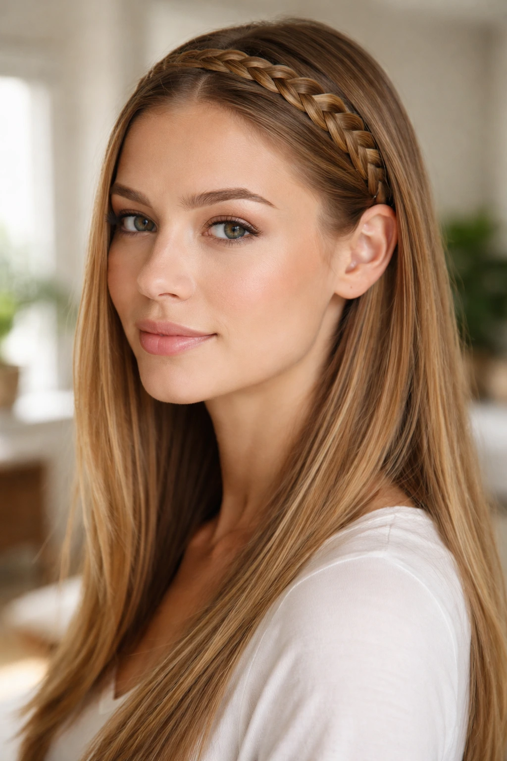 Close-up of a real woman with a braided headband across the crown