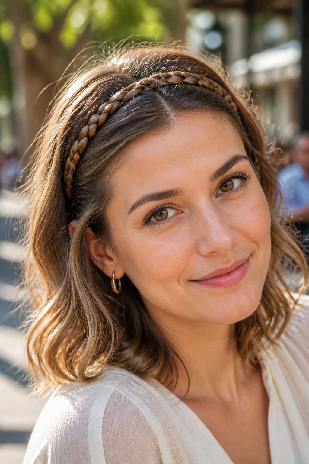 Portrait of a woman wearing a slim braided headband across the crown, outdoors