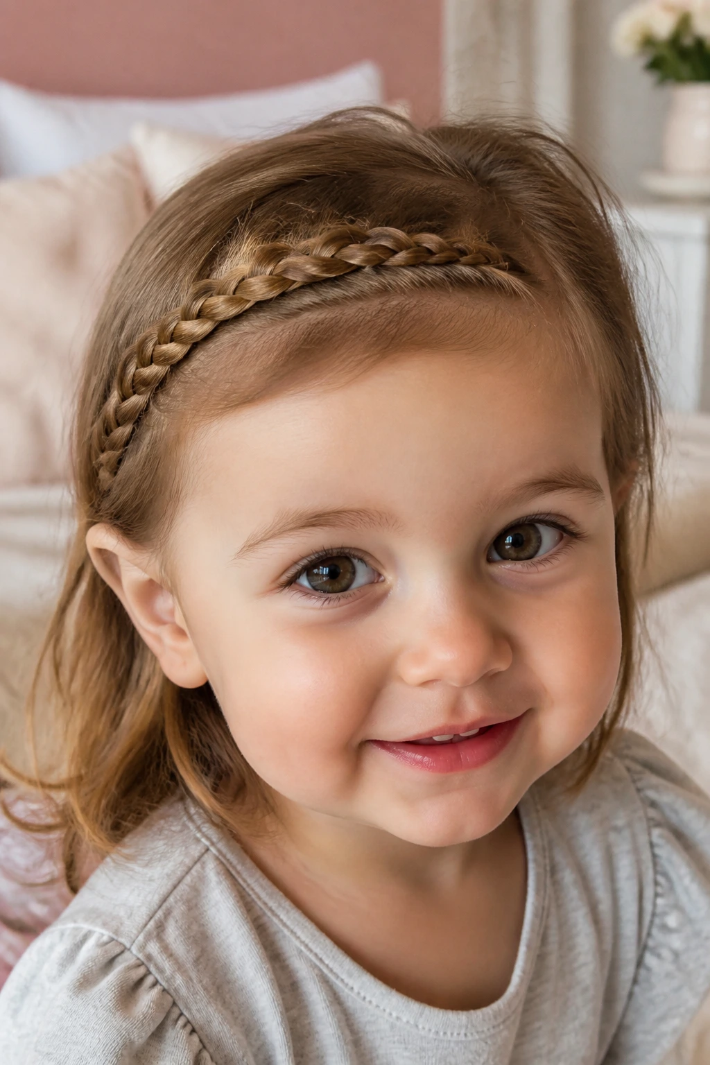 Close-up of toddler wearing braided headband across the hairline in a cozy bedroom