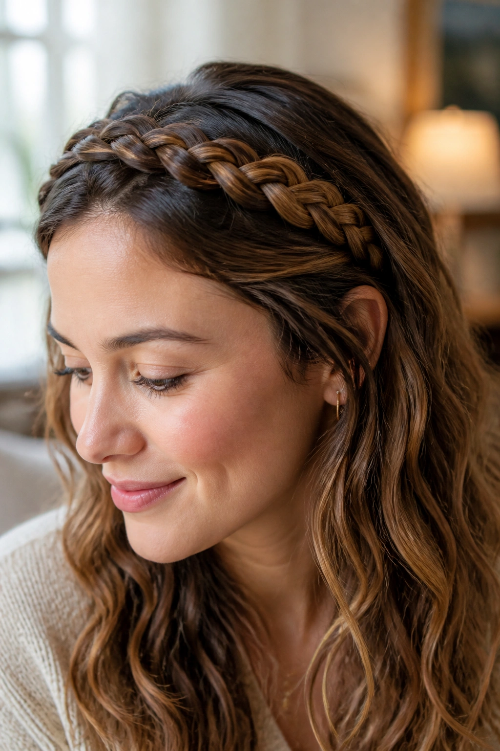 Close-up of a real woman wearing a braided headband with wavy hair in natural light