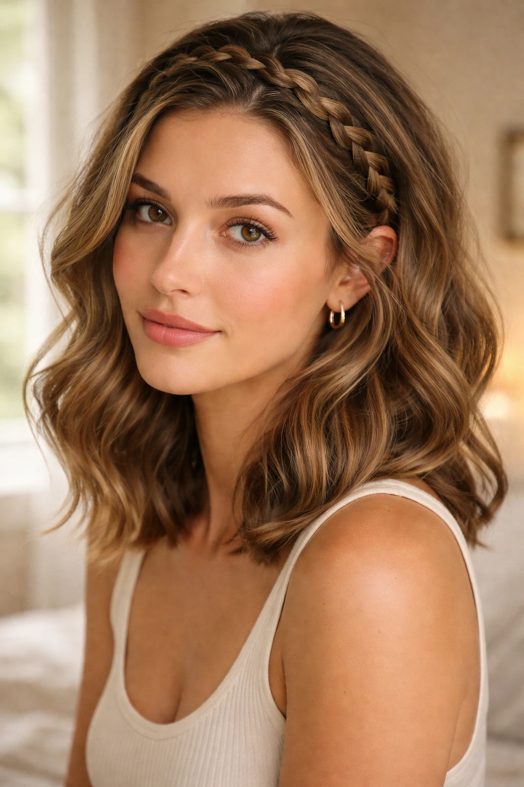 Close-up portrait of a real woman with a Dutch braid headband across the hairline