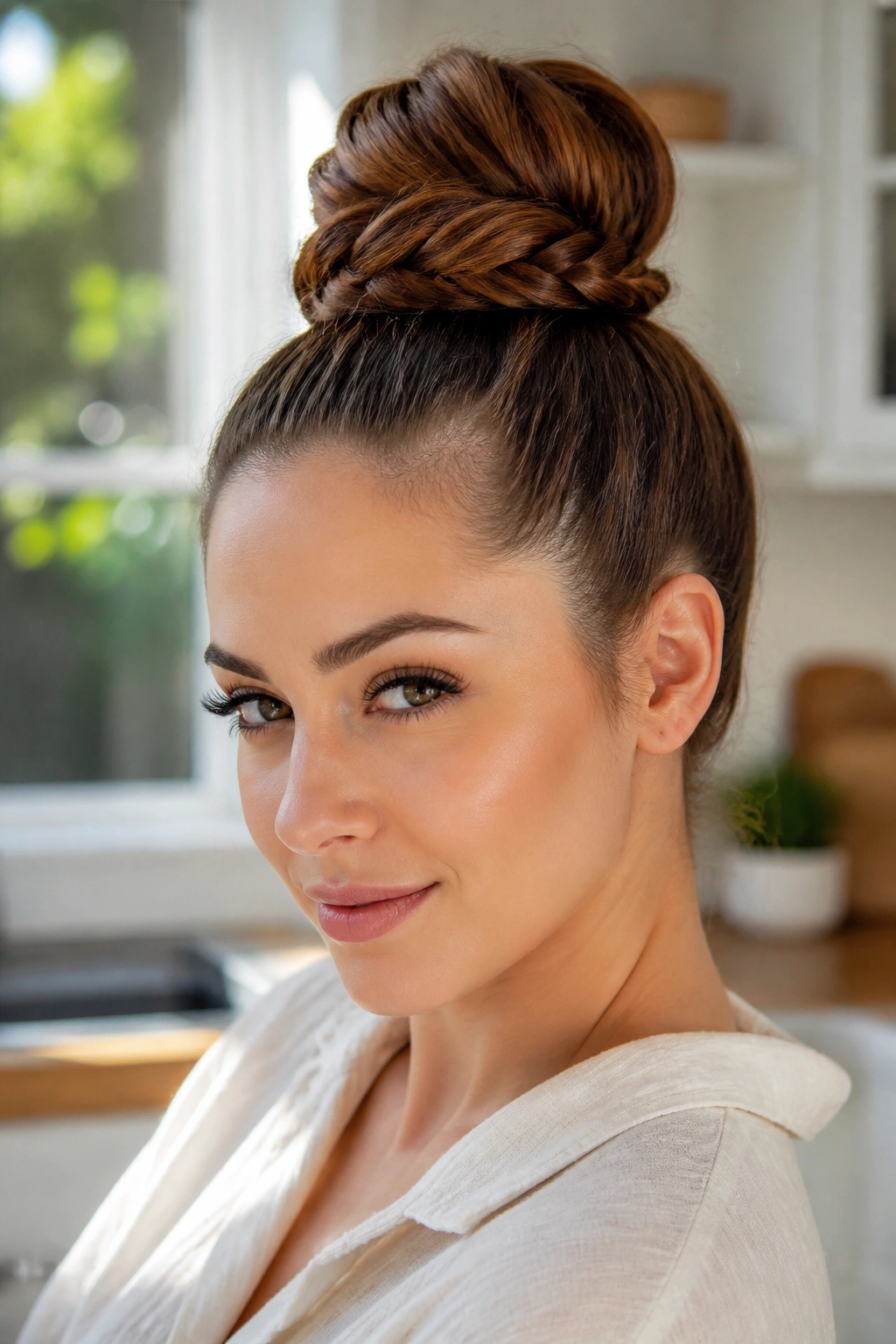 Close-up of a woman with a braided high bun in natural light.
