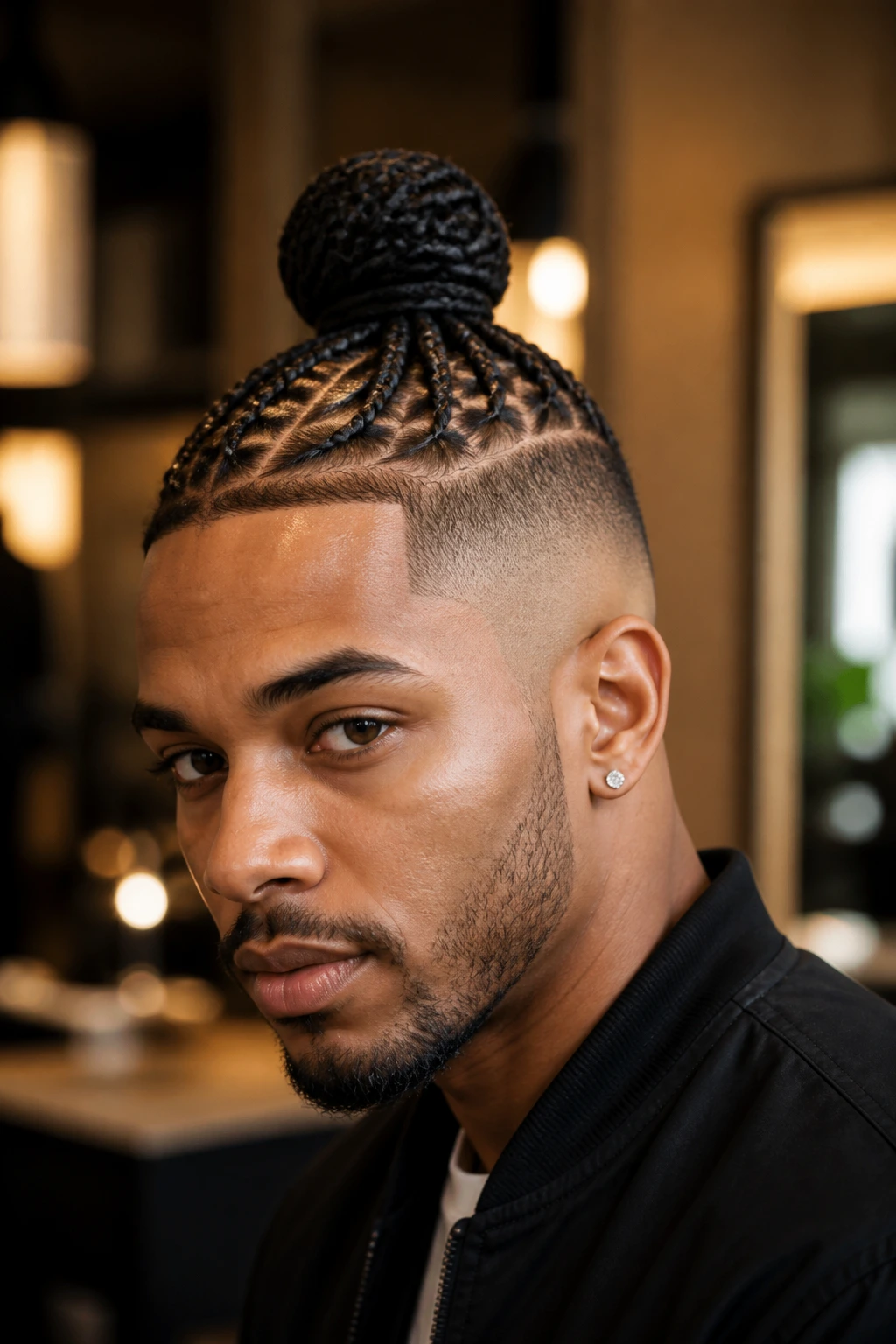 Portrait of braided high top knot with shaved sides on a real person
