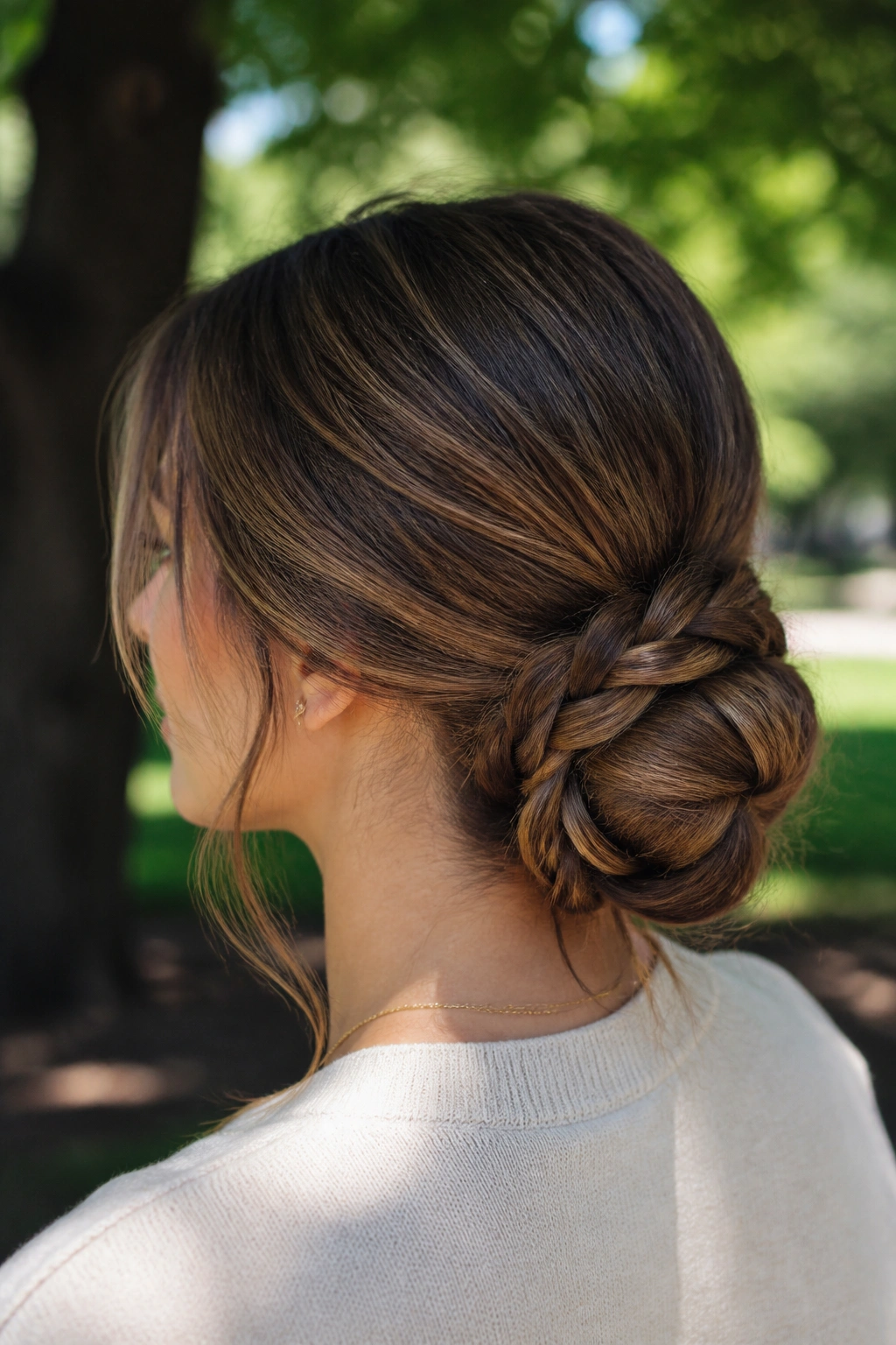 Close-up of a real woman with a braided low bun at the nape