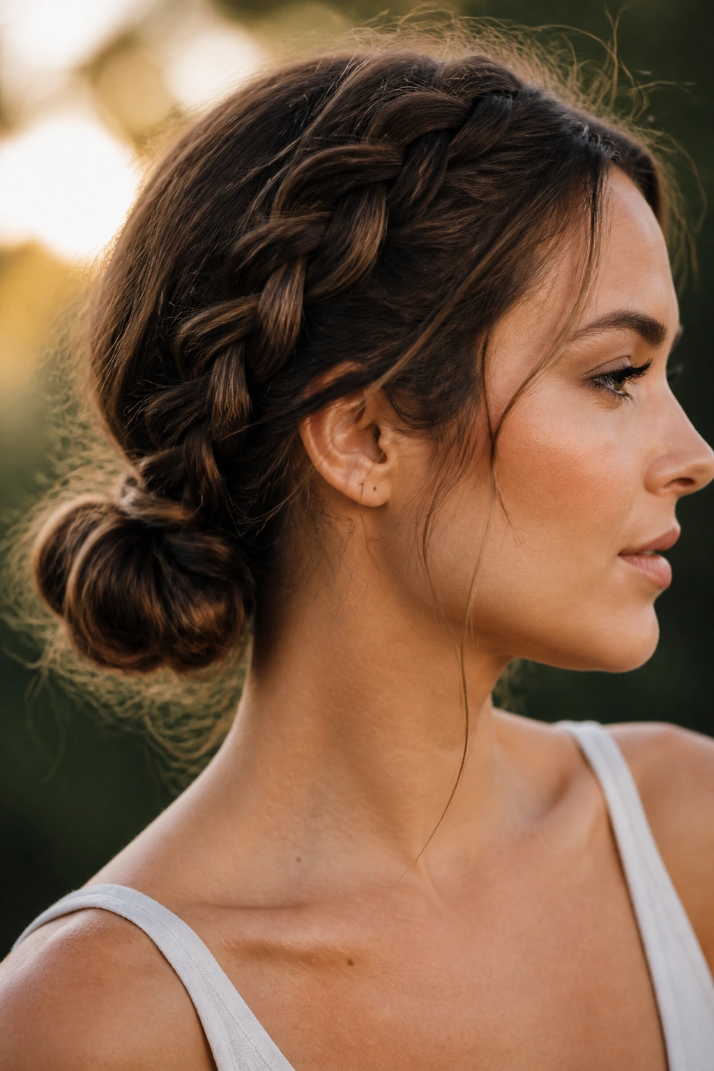 Close-up of a real woman with a braided low bun at the nape