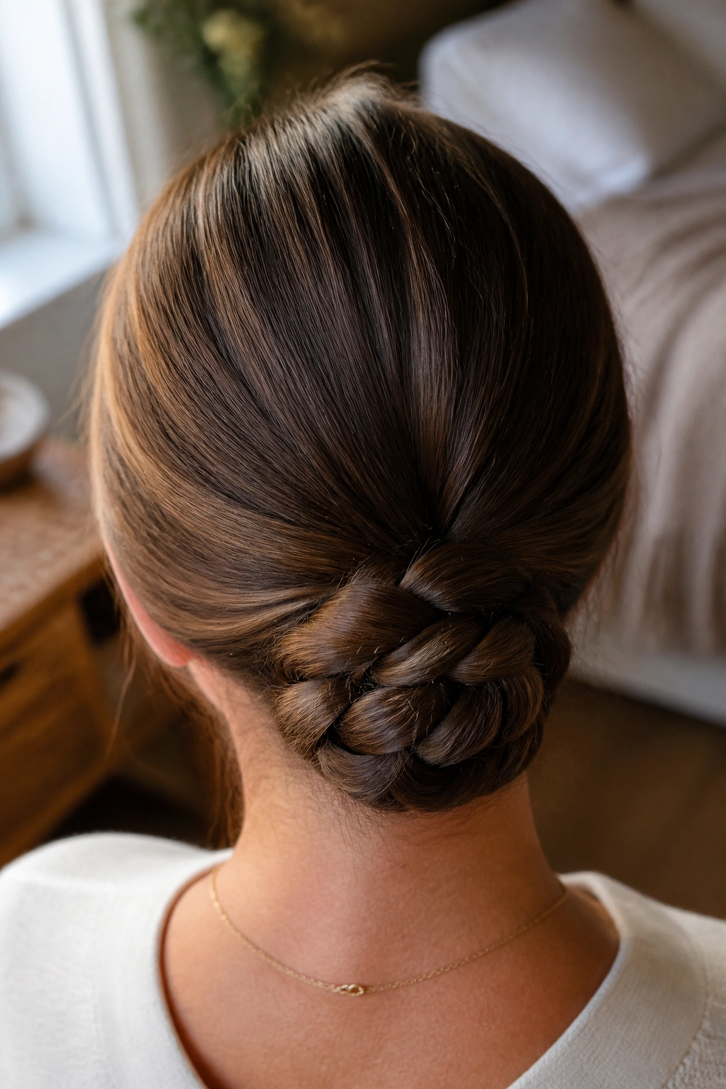 Close-up back-of-head showing braided low bun at nape on real woman