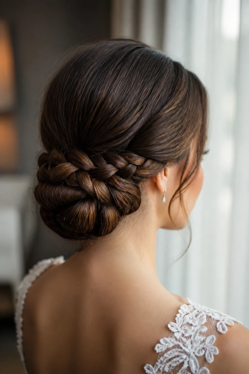 Close-up of a real woman with a braided low bun at the nape