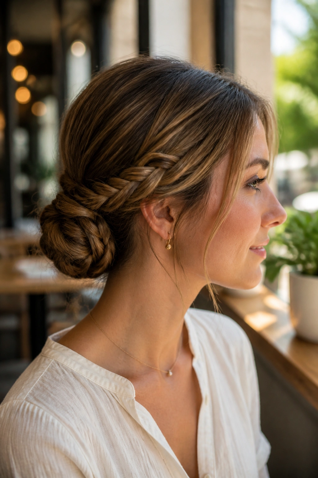 Close-up of a real woman with a braided low chignon at the nape