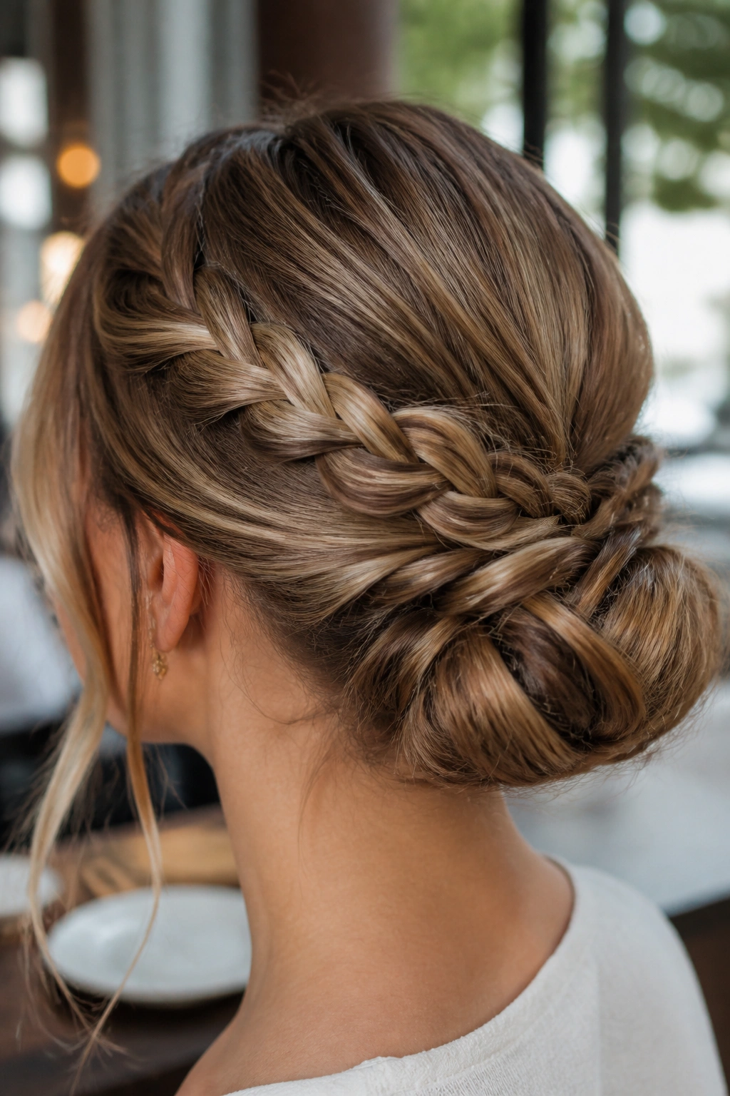 Close-up of a real person with braided low pony bun at the nape.