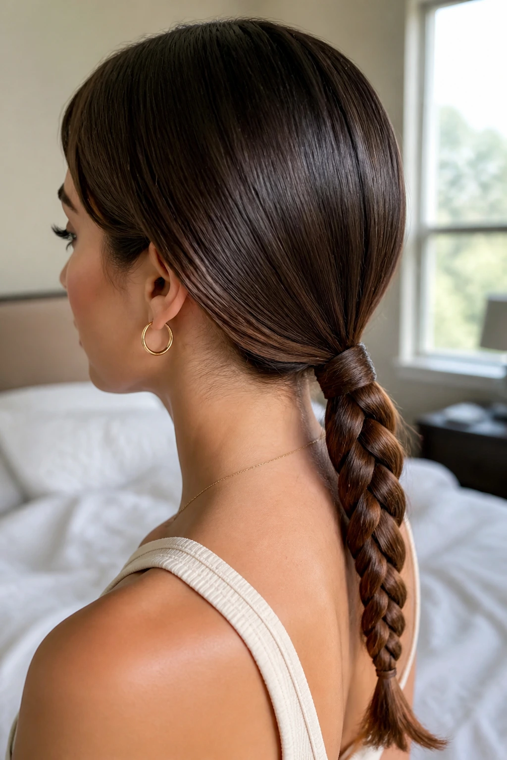 Portrait of a real woman with a braided low ponytail in a bright room