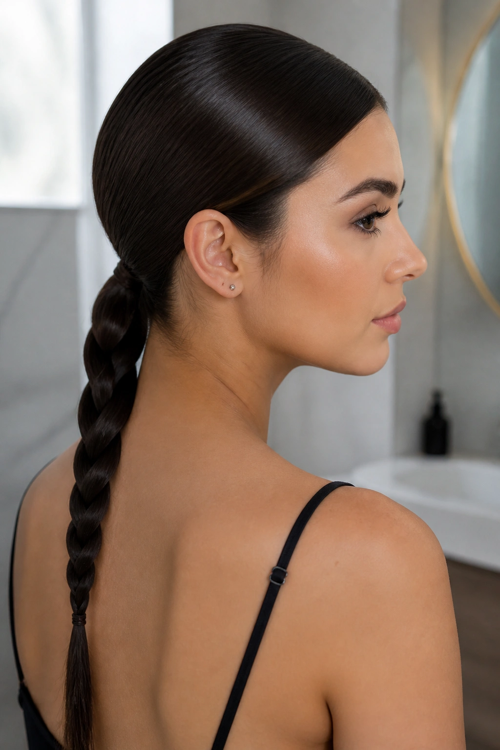 Profile of a real woman with a braided low ponytail down the back.