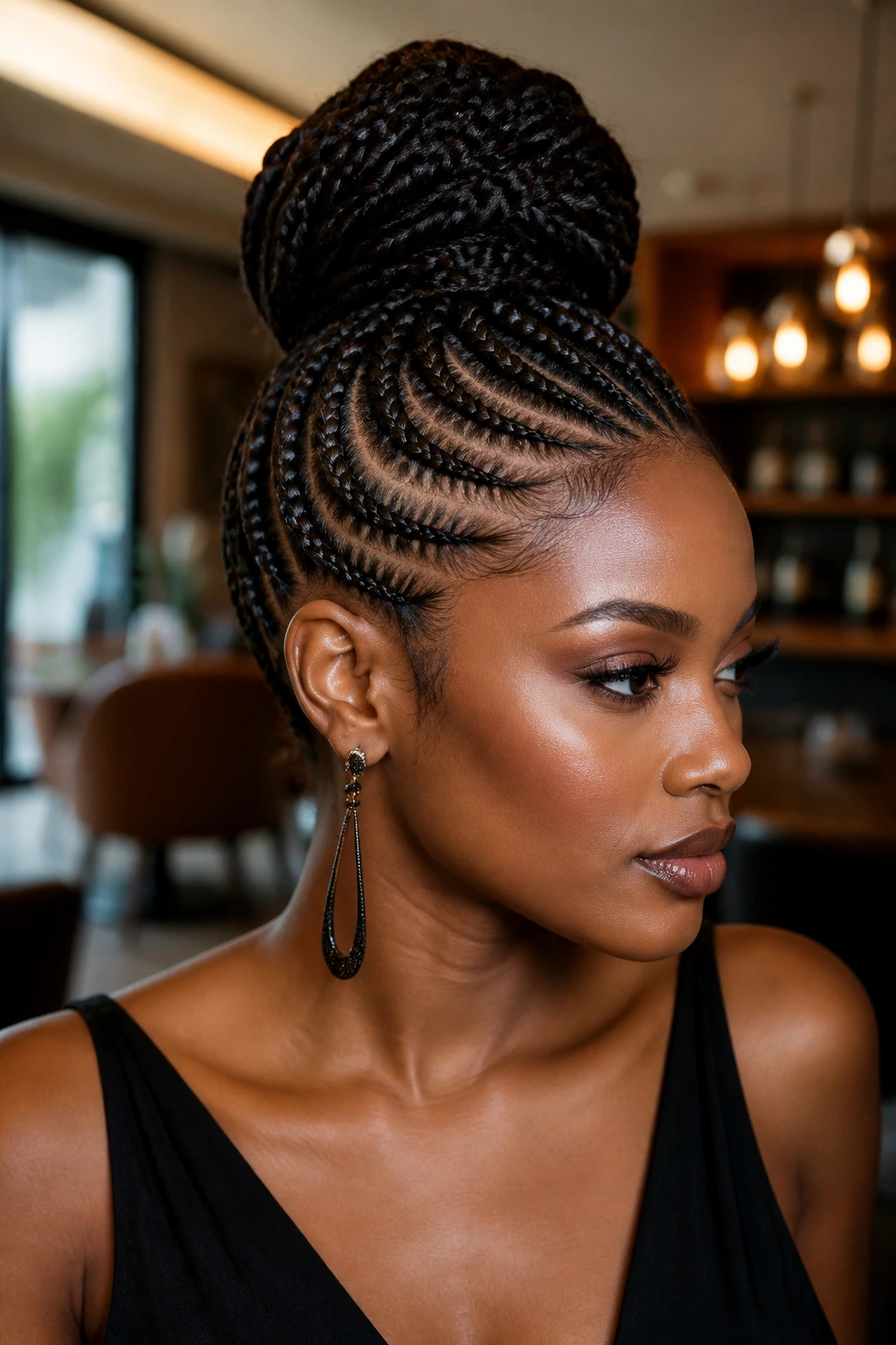 Three-quarter profile of a real person with a braided mohawk ending in a high bun.