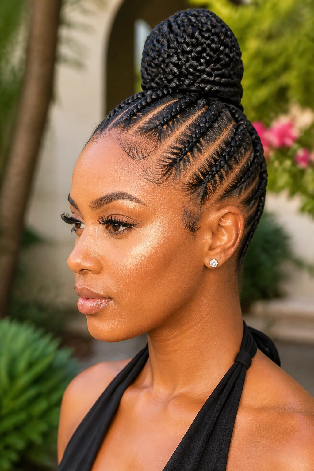 Close-up of a real woman's braided Mohawk with bun in natural light