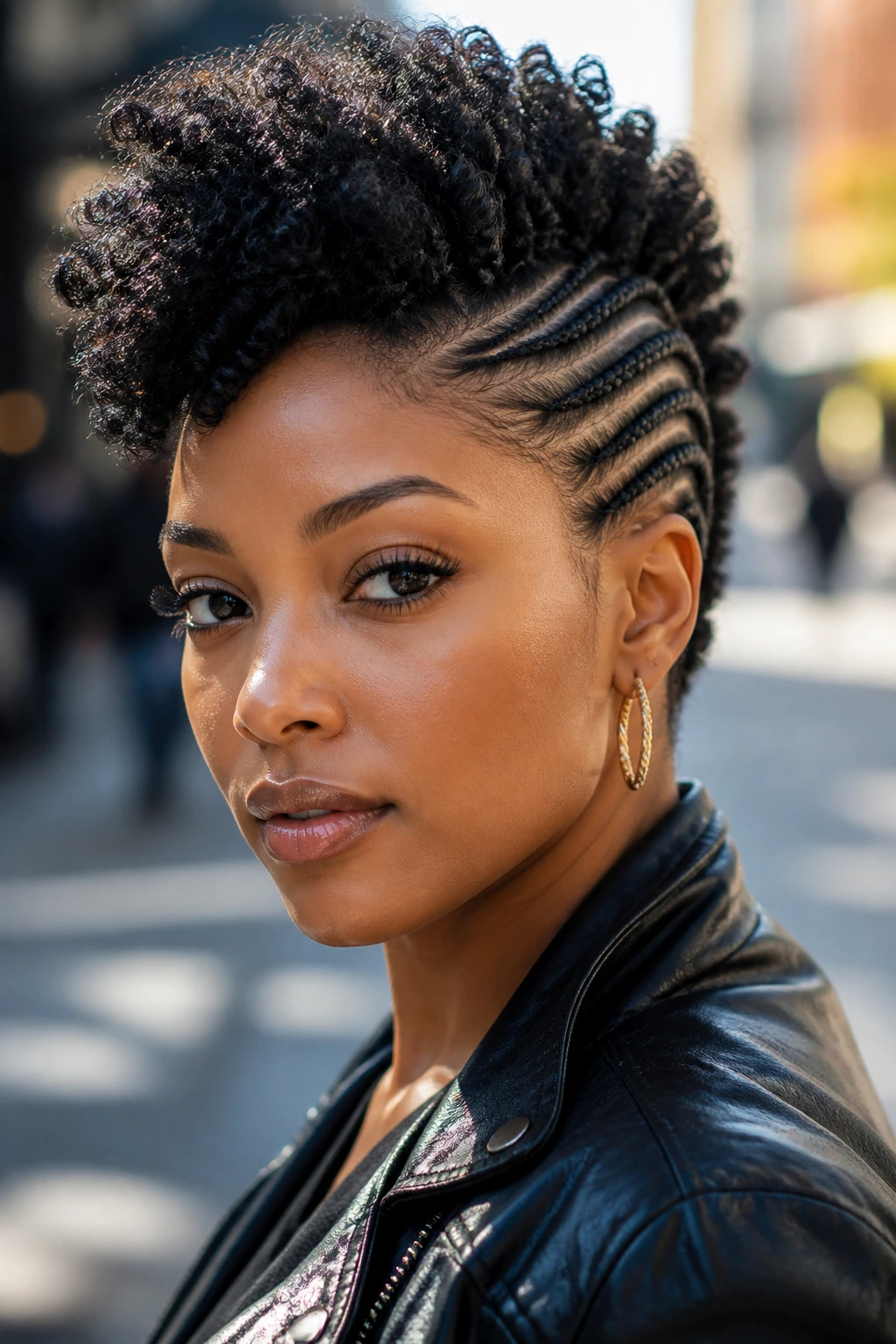 Close-up of a Black woman with side cornrows and a raised mohawk top in natural daylight