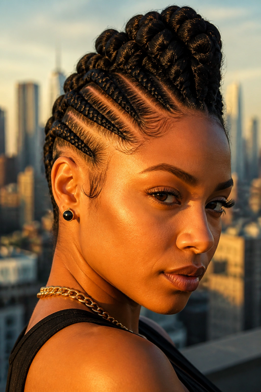 Close-up portrait of a real woman with a braided mohawk crown in golden hour light.